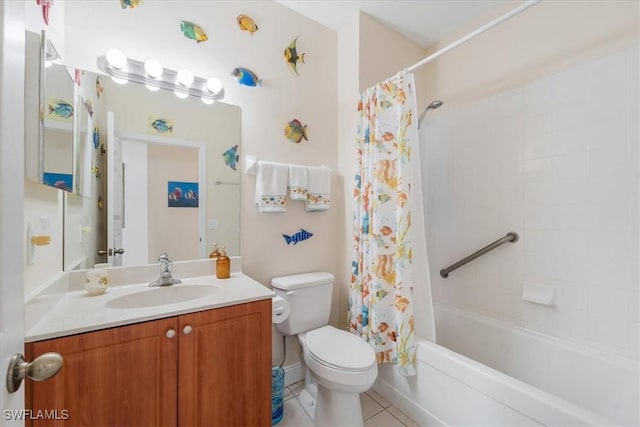 bathroom with shower / bathtub combination with curtain, vanity, toilet, and tile patterned floors