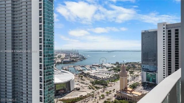 view of water feature with a city view