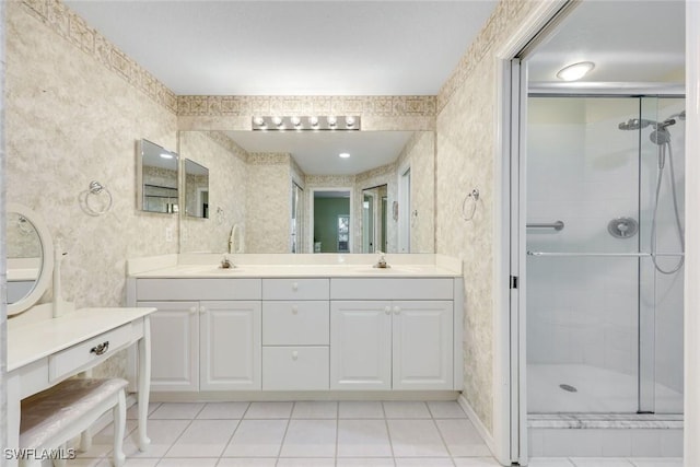 full bathroom with wallpapered walls, a sink, and a stall shower