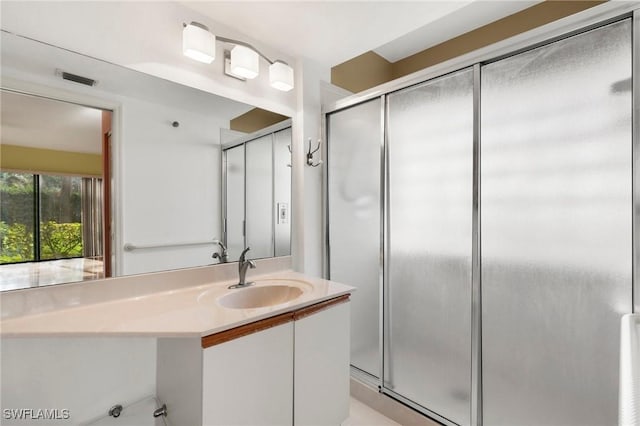 full bath with visible vents, a shower stall, and vanity