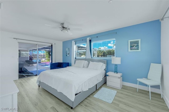 bedroom with ceiling fan, baseboards, access to exterior, and light wood finished floors