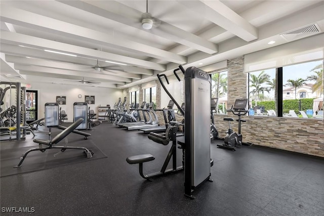 gym featuring a ceiling fan and visible vents