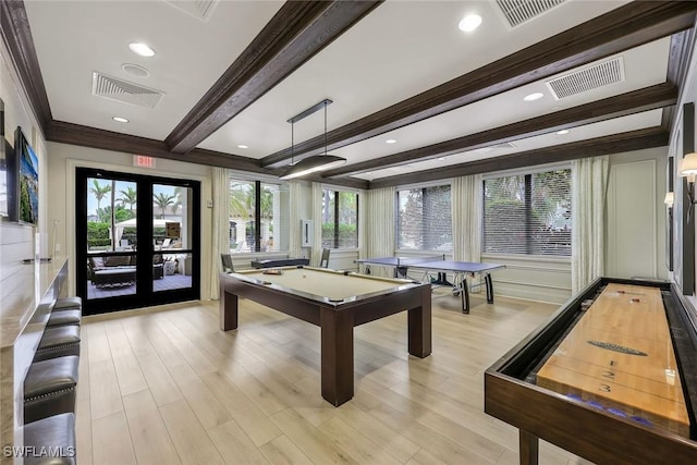 playroom featuring pool table, visible vents, beamed ceiling, and light wood-style flooring