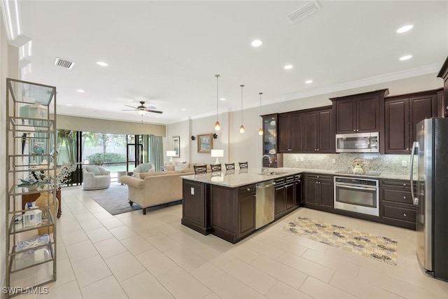 kitchen with stainless steel appliances, open floor plan, dark brown cabinetry, and a peninsula