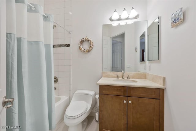 bathroom featuring vanity, toilet, and shower / bathtub combination with curtain