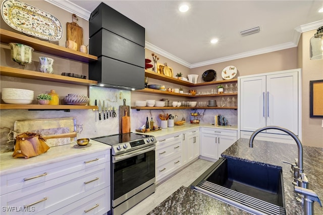 kitchen featuring white cabinets, ornamental molding, stainless steel electric range, open shelves, and a sink