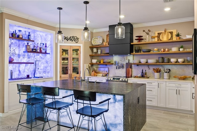 bar with hanging light fixtures, a sink, extractor fan, crown molding, and backsplash