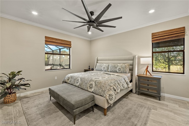 bedroom featuring baseboards, ornamental molding, and recessed lighting