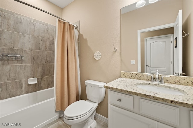 full bathroom featuring toilet, shower / bathtub combination with curtain, and vanity