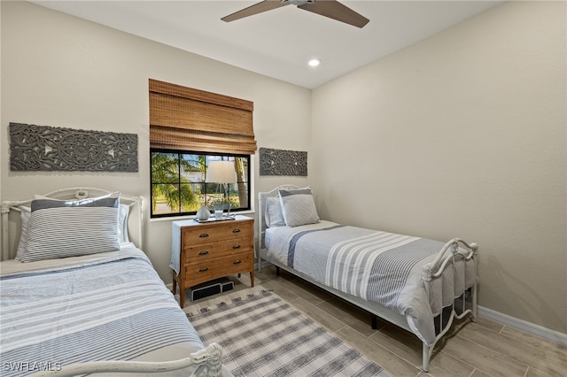 bedroom featuring ceiling fan, recessed lighting, and baseboards