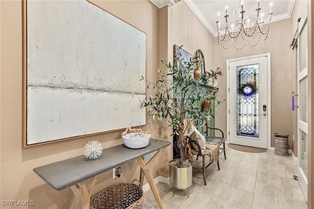 entrance foyer with an inviting chandelier, light tile patterned floors, and crown molding