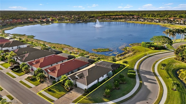 birds eye view of property featuring a residential view and a water view