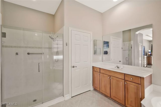 full bathroom with tile patterned flooring, a shower stall, and vanity