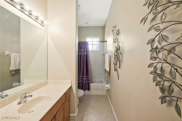 full bathroom with tile patterned flooring, toilet, shower / tub combo, vanity, and baseboards