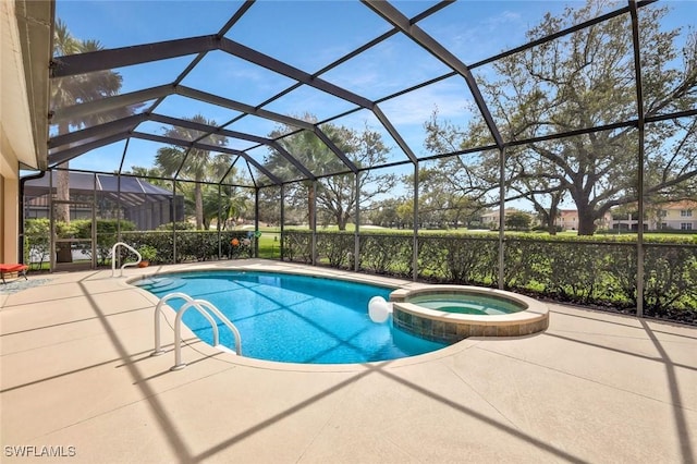 view of swimming pool with a lanai, a patio area, and a pool with connected hot tub