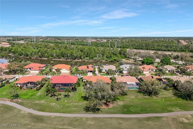 aerial view with a water view and a residential view