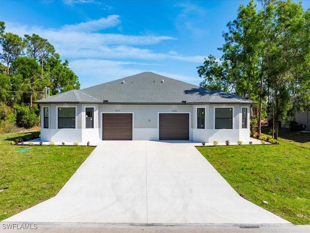 view of front facade with roof with shingles, stucco siding, an attached garage, driveway, and a front lawn