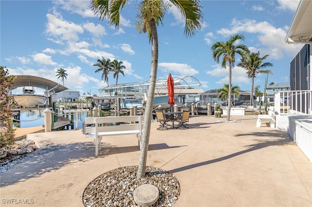 exterior space with a boat dock and boat lift