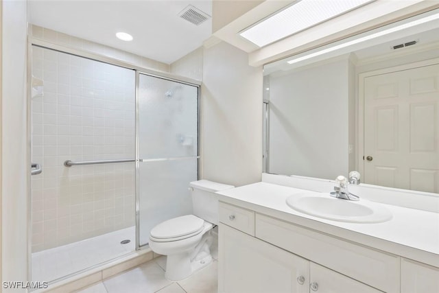 full bath with tile patterned flooring, toilet, vanity, visible vents, and a shower stall