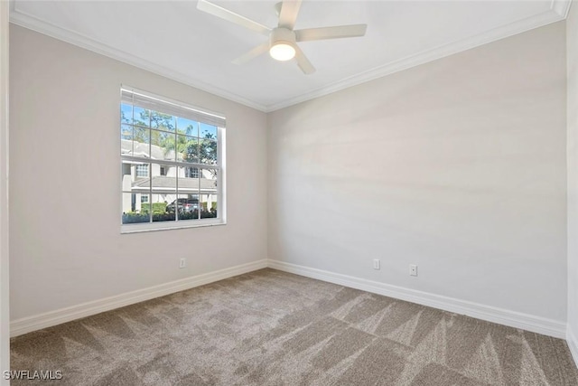 spare room with carpet floors, baseboards, and crown molding