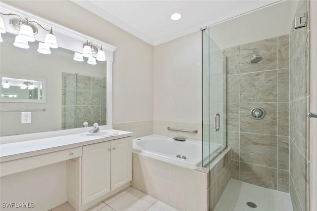 full bath featuring a garden tub, vanity, tile patterned floors, a stall shower, and crown molding