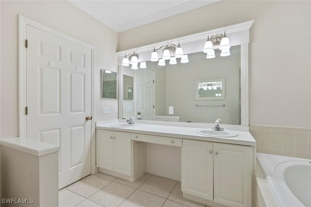 full bathroom with ornamental molding, double vanity, a sink, and tile patterned floors