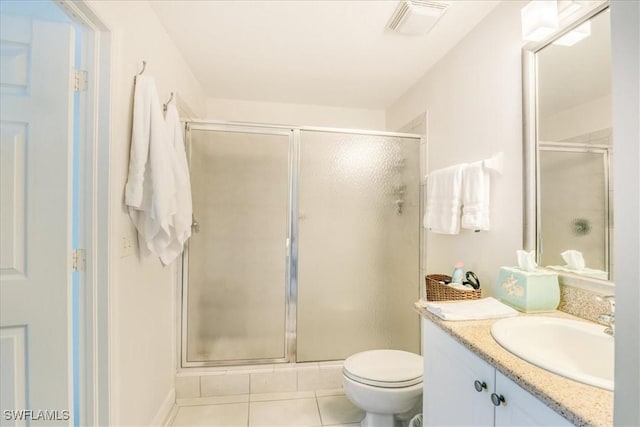 full bathroom with toilet, vanity, visible vents, tile patterned floors, and a stall shower