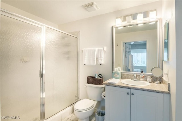 full bath featuring toilet, a stall shower, vanity, and visible vents