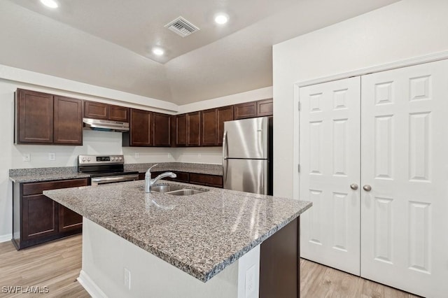 kitchen with a sink, visible vents, appliances with stainless steel finishes, light stone countertops, and a center island with sink