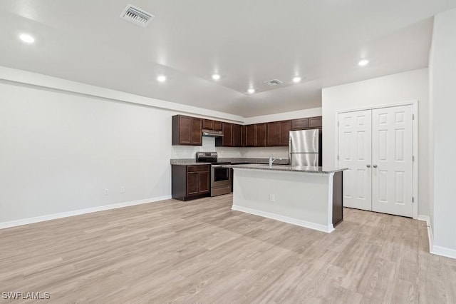 kitchen with stainless steel appliances, light wood finished floors, an island with sink, and visible vents