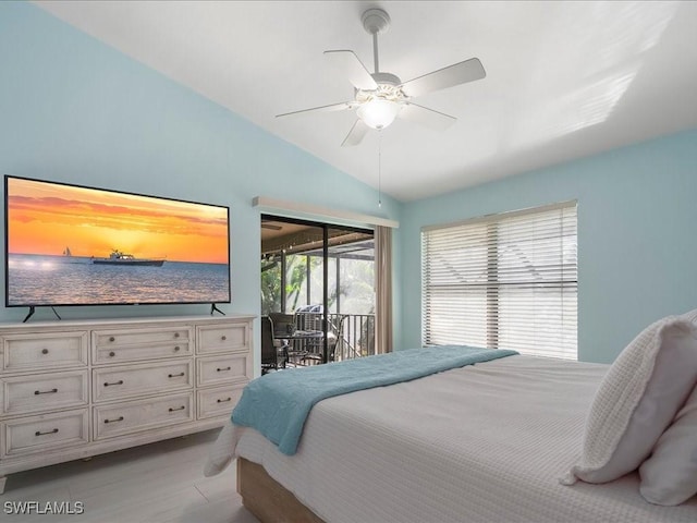 bedroom with lofted ceiling, access to exterior, ceiling fan, and light wood-style flooring