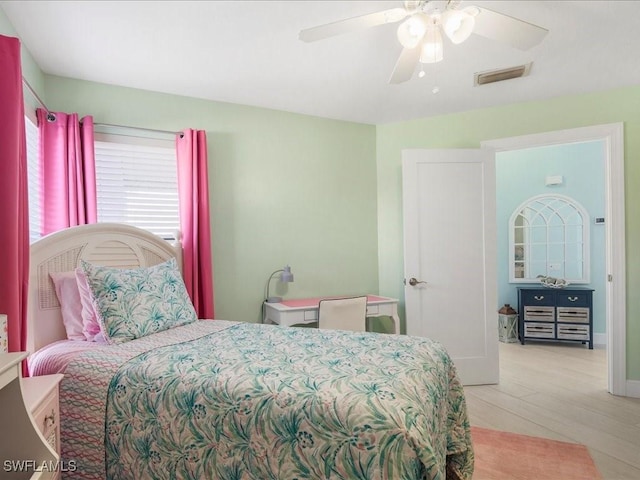 bedroom with ceiling fan and visible vents