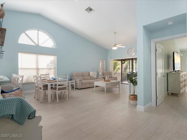 living room with visible vents, ceiling fan, high vaulted ceiling, light wood-type flooring, and baseboards