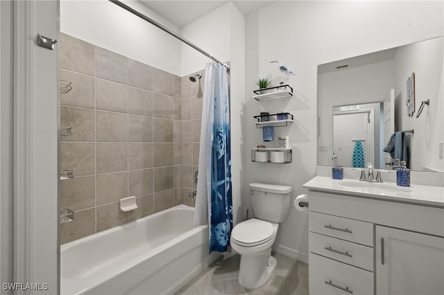 full bath with tile patterned floors, toilet, shower / bath combo, and vanity