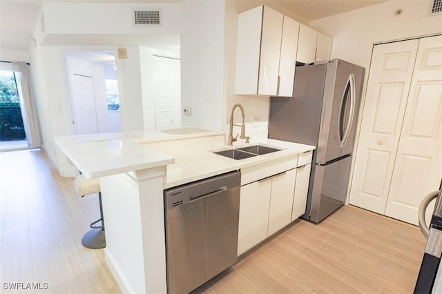 kitchen with stainless steel appliances, a sink, visible vents, white cabinets, and light wood-type flooring