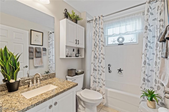 bathroom with toilet, shower / bath combo, vanity, and tile patterned flooring