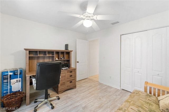 home office with light wood finished floors, visible vents, and a ceiling fan