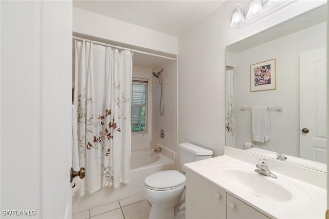 bathroom with vanity, tile patterned floors, toilet, and shower / tub combo with curtain