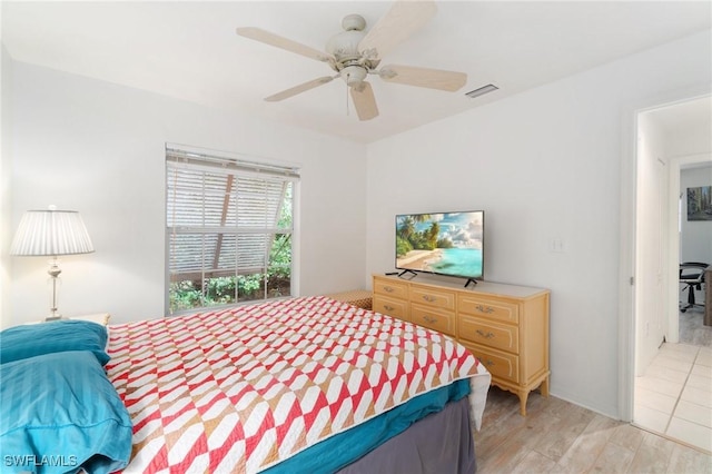 bedroom featuring light wood-style floors, ceiling fan, and visible vents