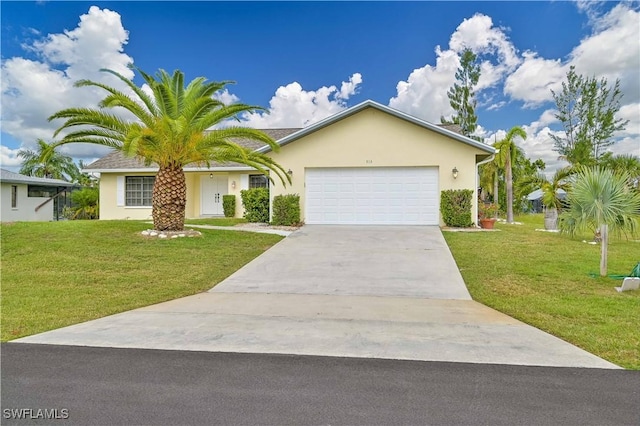 ranch-style home with an attached garage, stucco siding, concrete driveway, and a front yard