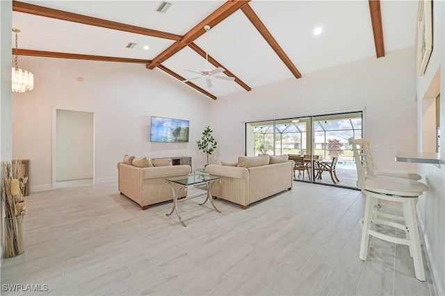 living area with high vaulted ceiling, ceiling fan with notable chandelier, visible vents, light wood finished floors, and beamed ceiling