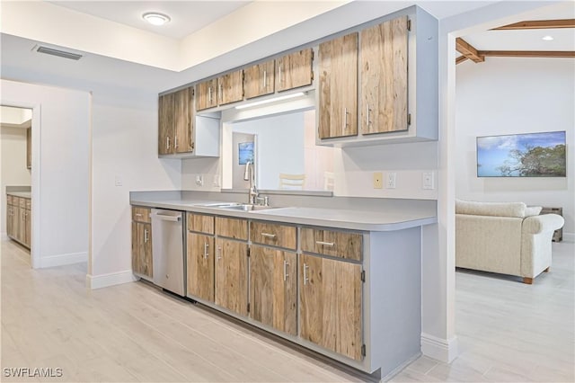 kitchen featuring visible vents, brown cabinets, open floor plan, light countertops, and stainless steel dishwasher