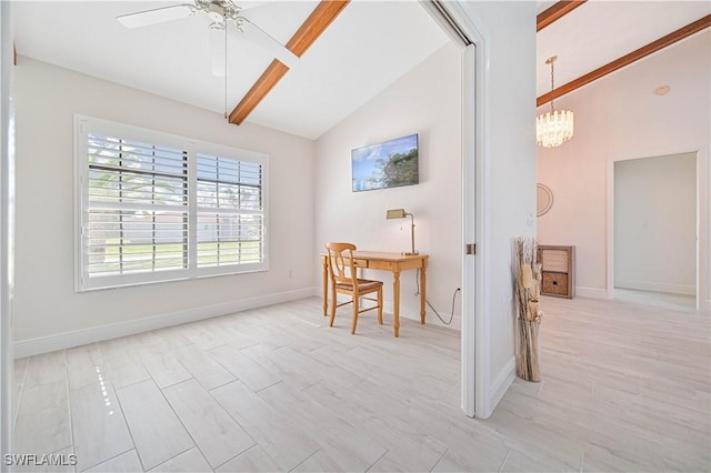 home office with ceiling fan with notable chandelier, high vaulted ceiling, light wood finished floors, and baseboards