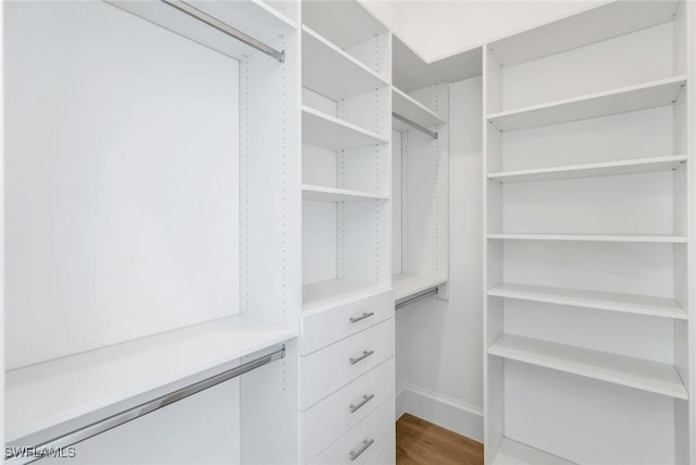 walk in closet with wood finished floors