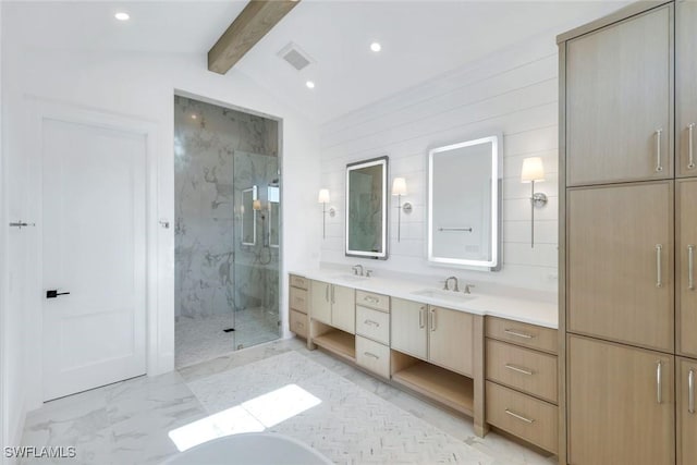 full bathroom with marble finish floor, double vanity, a sink, and a marble finish shower