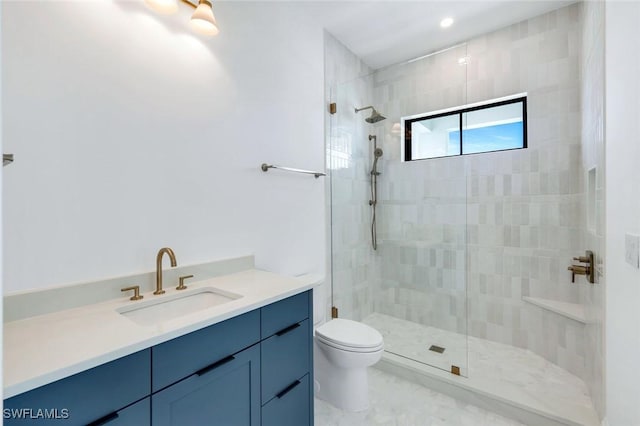 bathroom featuring vanity, toilet, and walk in shower