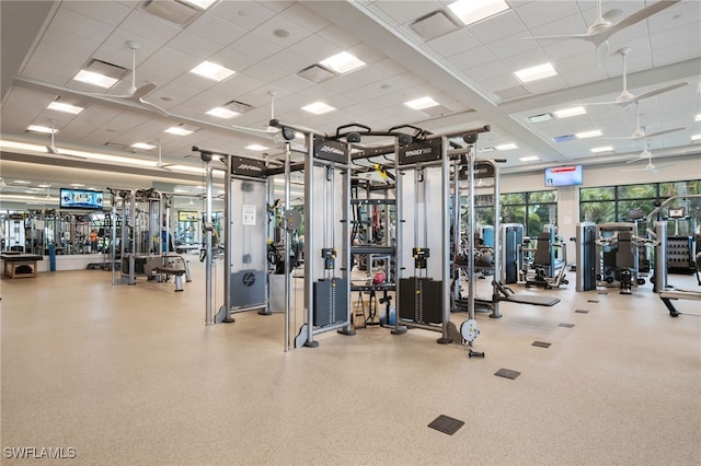 exercise room featuring a drop ceiling