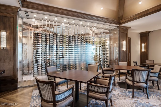 wine room with ornate columns