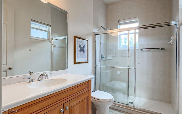 full bathroom with toilet, a stall shower, vanity, and a wealth of natural light