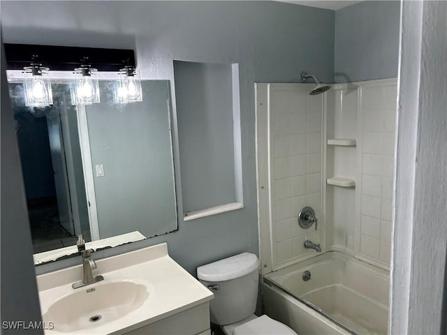 bathroom featuring tub / shower combination, vanity, and toilet